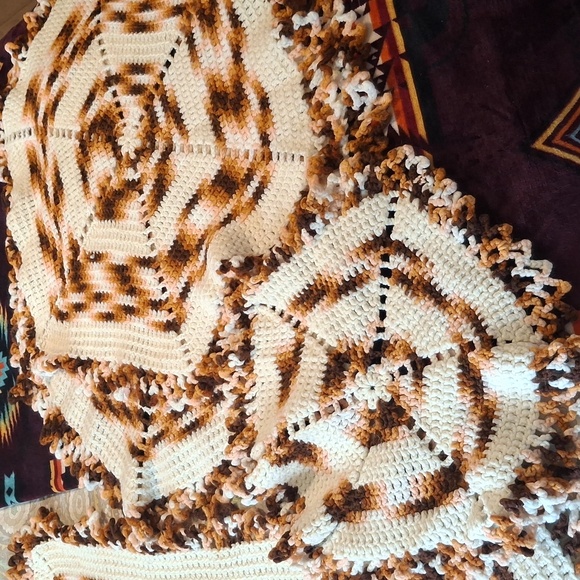 Set Of 4 Handmade Crochet Cofee Table Set with Brown and Cream Stripes - Picture 2 of 3